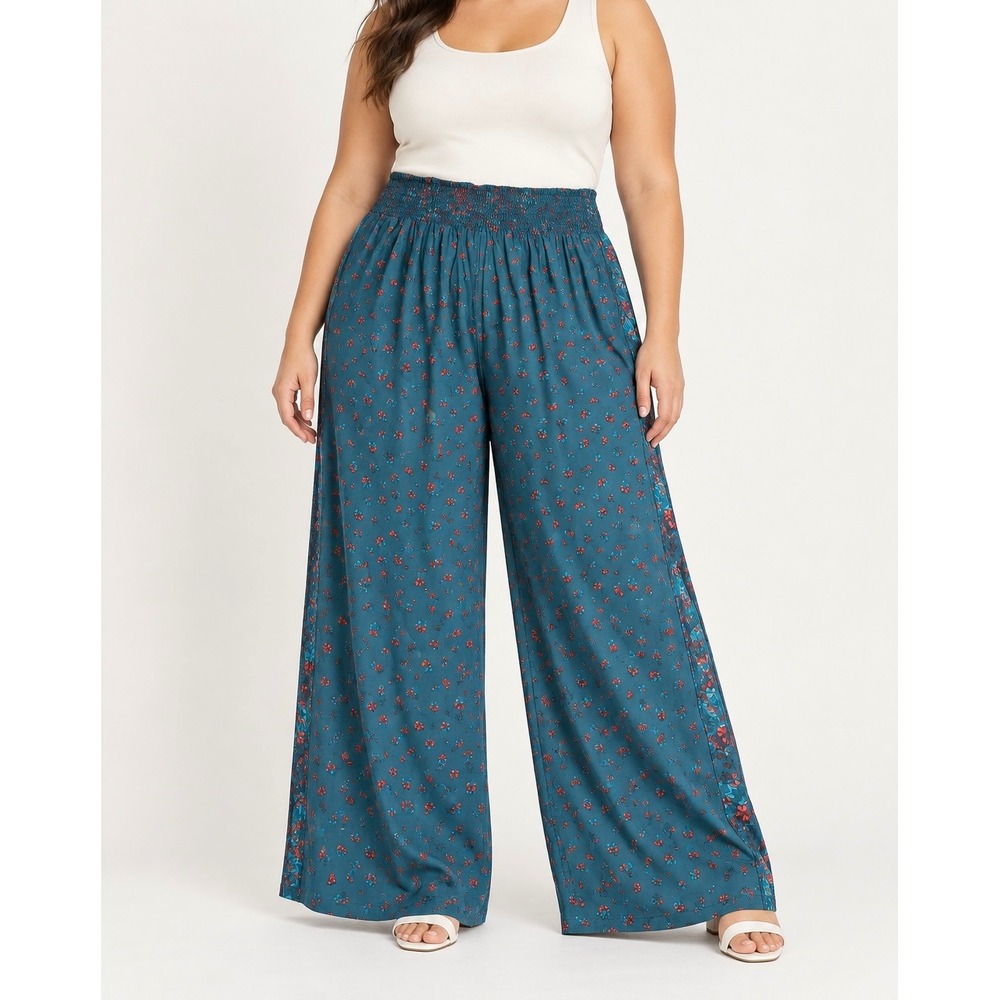 Torrid Wide Leg Pants Floral Smocked Waist Pull On NEW Teal Red Size 2X Tall